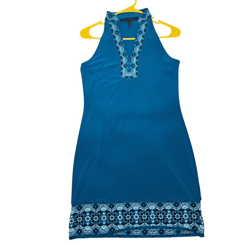 S#51 White House Black Market Teal Beaded Neckline Sleeveless Sheath‎ Dress XS